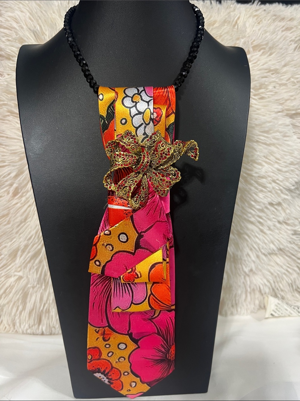 Bold Pink & Orange Floral Statement Necklace with  Antique Gold  Ribbon Brooch